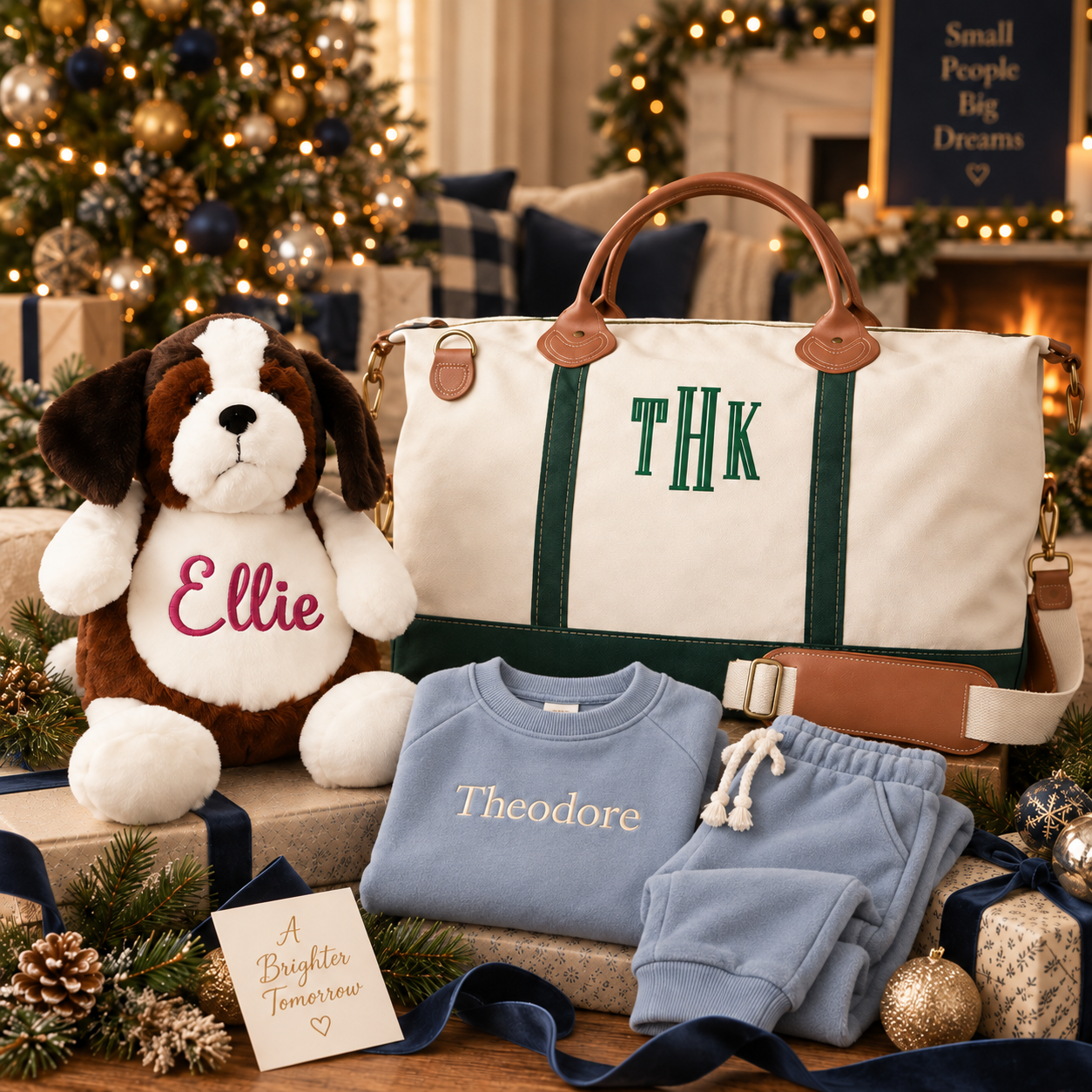 Personalized Christmas gifts with an embroidered stuffed animal, baby blanket and monogrammed travel bag
